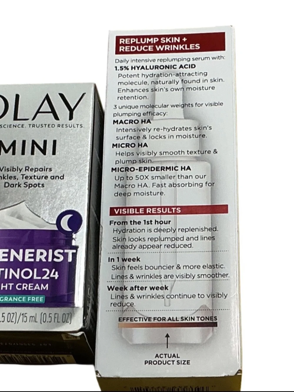 L'Oreal Revitalift Hyaluronic Plumping Serum, Olay Regenerist Retinol24 NIght